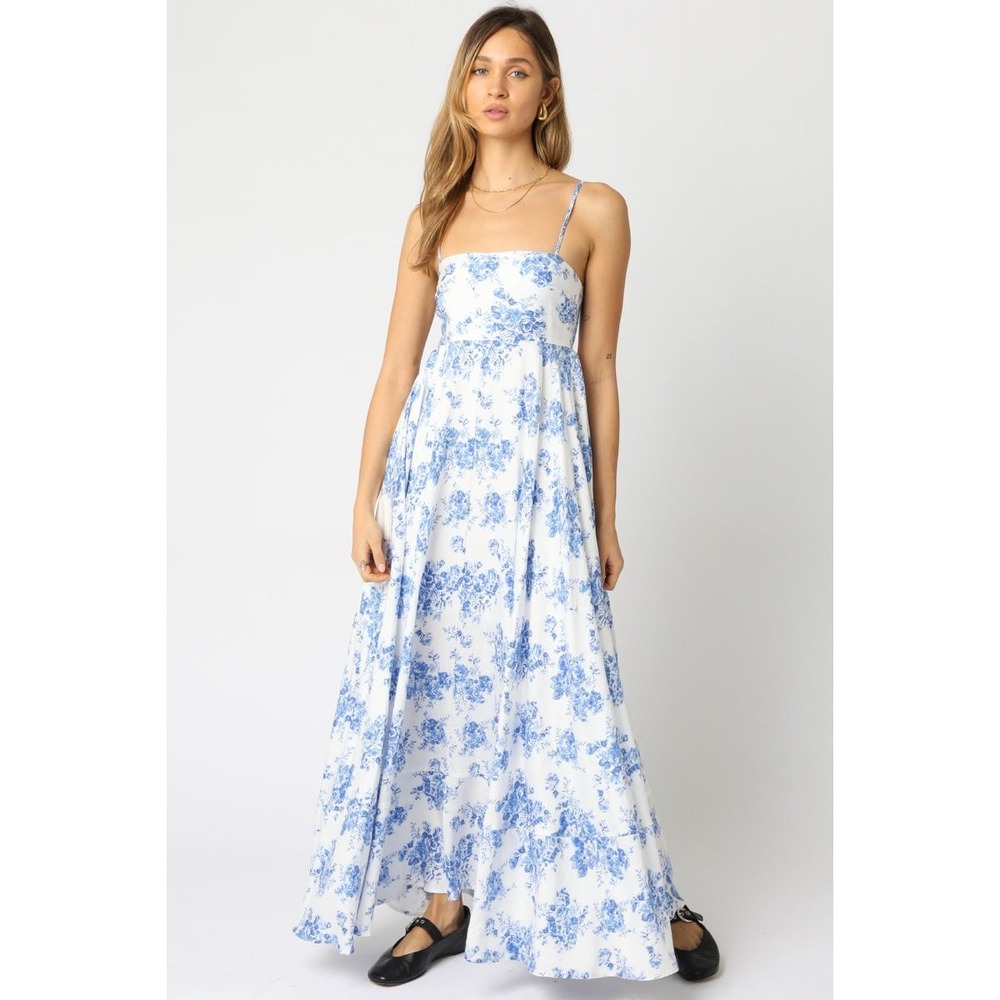 American Threads Blue White Floral Toile Maxi Dress Smocked Back Medium